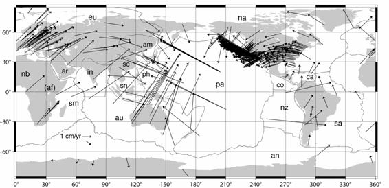 図２　GPSで測定された世界各地の連続観測局の動きとプレート。プレートの略号は次のとおり、af:Africa, am: Amuria, an:Antarctica, ar: Arabia, au:Australia, ca:Carib, co:Cocos, eu:Eurasia, in: India, na:North America, nb: Nubia, nz:Nazca, pa: Pacific, ph: Philippine Sea, sa: South America, sc: South China, sm: Somalia, sn: Sundaland。GPS速度データはJPLのM.Heflin氏による(ftp://sideshow.jpl.nasa.gov/pub/mbh)。